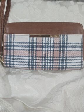 Plaid Pink and Brown Wristlet Wallet - Women's Zip Clutch